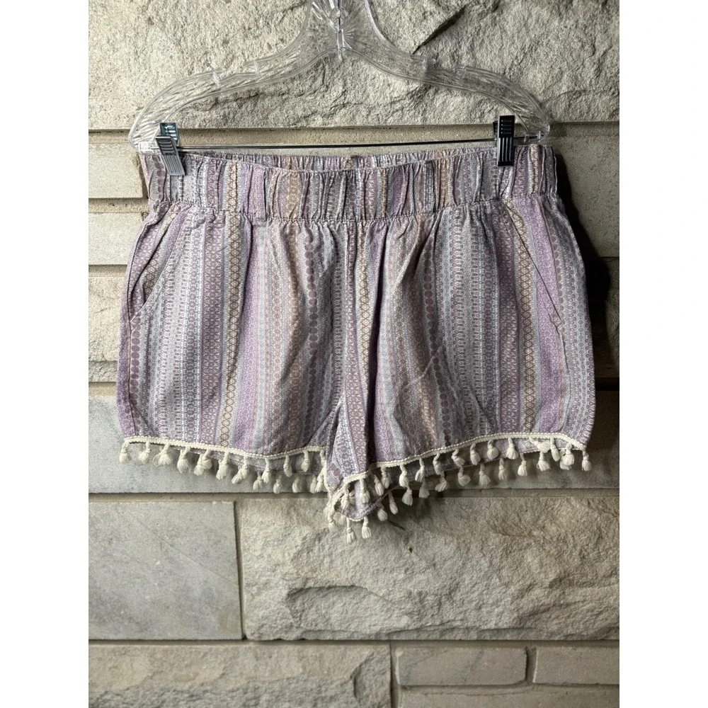 Rewash Womens Boho Linen Blend Tassel Trim‎ Shorts Purple Blue Geometric XL